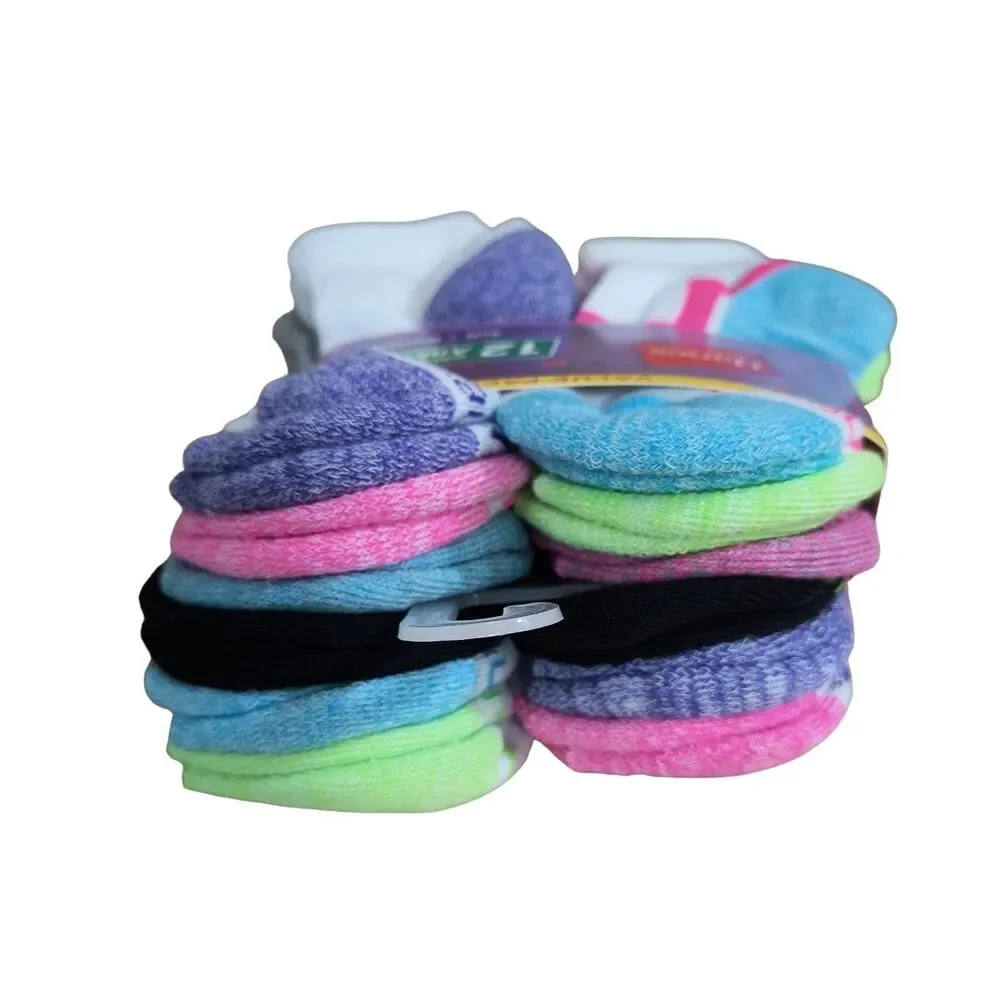 Hanes Girls Ankle Socks M Shoe 10.5-4 Cool Comfort Cushioned 12 Pack Assorted